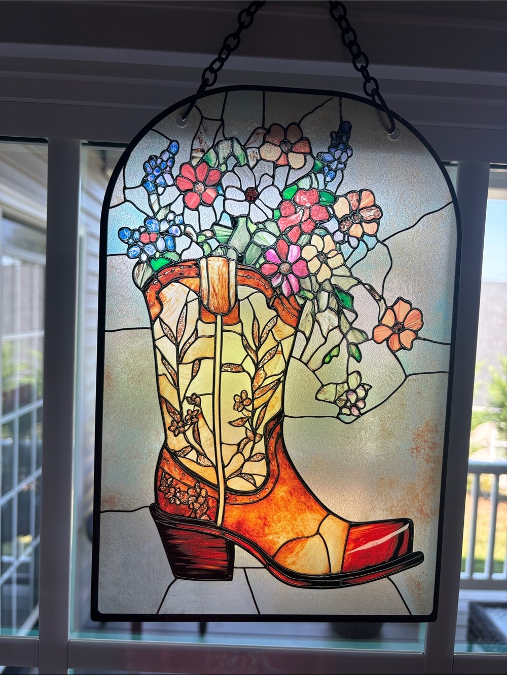 Cowgirl Boot,Flowers, Window/Wall acrylic stained glass look decor,chain incl.